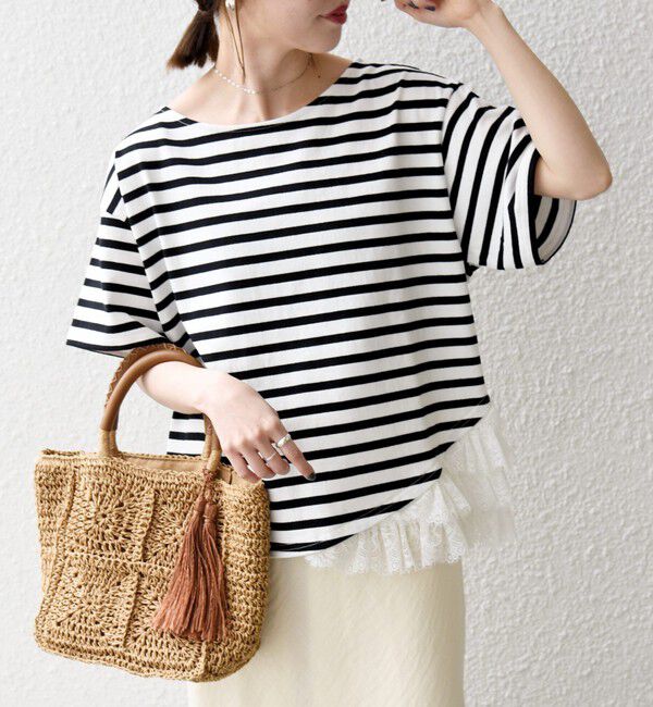 SHIPS any「《予約》SHIPS any:〈洗濯機可能〉レース ヘム アシンメトリー ショートスリーブ TEE」|Tシャツ・カットソー|