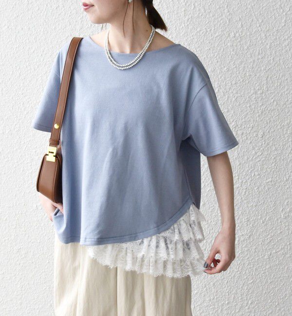 SHIPS any「《予約》SHIPS any:〈洗濯機可能〉レース ヘム アシンメトリー ショートスリーブ TEE」|Tシャツ・カットソー|