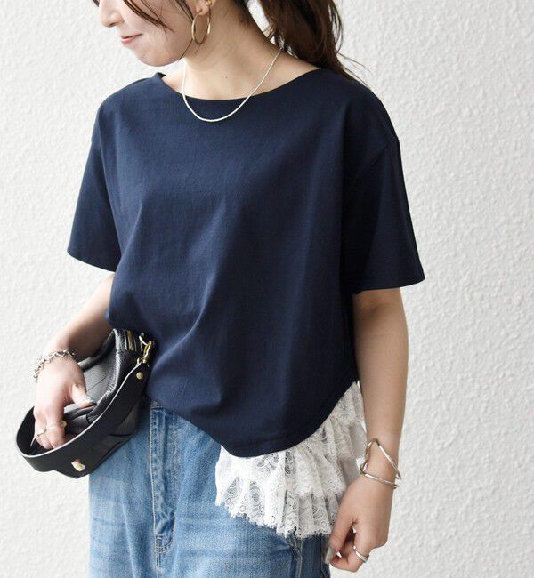 SHIPS any「《予約》SHIPS any:〈洗濯機可能〉レース ヘム アシンメトリー ショートスリーブ TEE」|Tシャツ・カットソー|