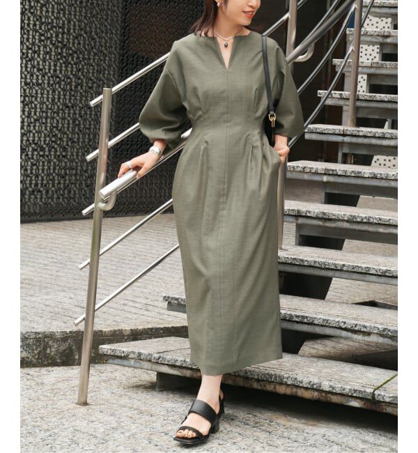 VERMEIL par iena「《一部WEB限定予約》FLAXASA jewel ox ウエストシェイプワンピース」|ワンピース|カーキ