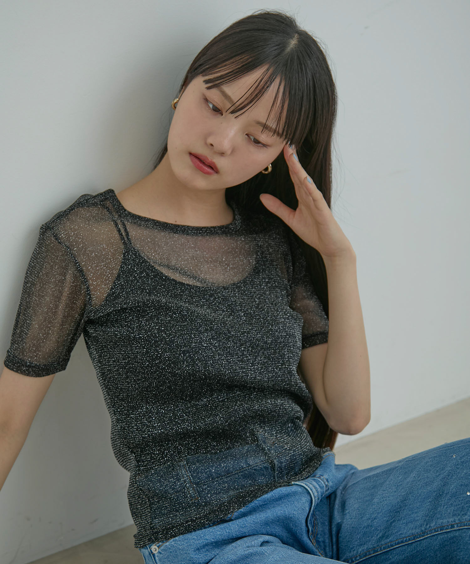 VIS「【洗える】シアーラメレイヤードTシャツ」|Tシャツ・カットソー|ブラック(01)