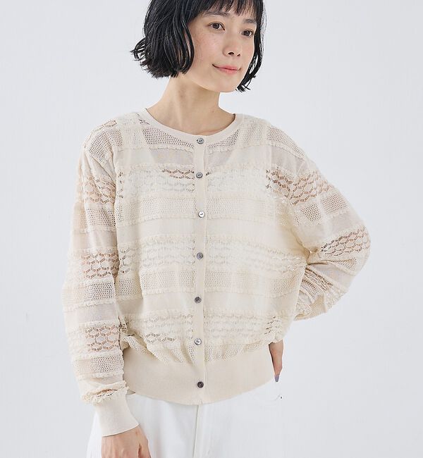 collex「レーシー柄クルーネックニットカーディガン」|カーディガン|アイボリー