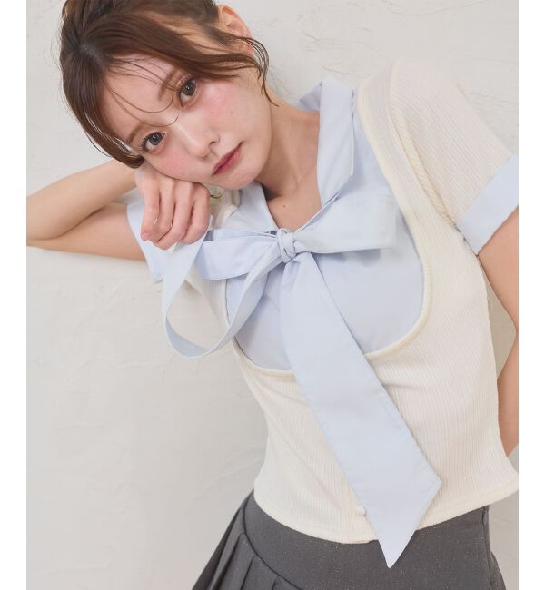  「2wayリボンレイヤードライクトップス」|Tシャツ・カットソー|