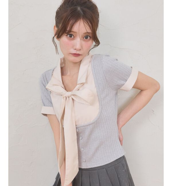  「2wayリボンレイヤードライクトップス」|Tシャツ・カットソー|グレー
