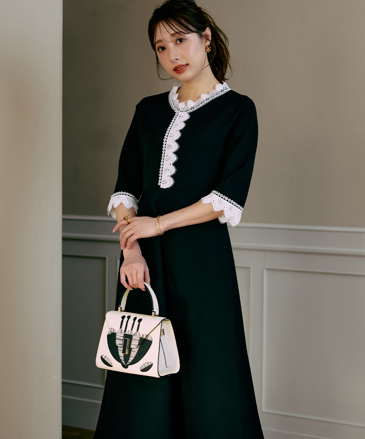 Maglie le cassetto「《M Maglie le cassetto&times;冨張愛》愛されクラシカル&ldquo;Lace&rdquo;ニットワンピース」|ワンピース|ブラック