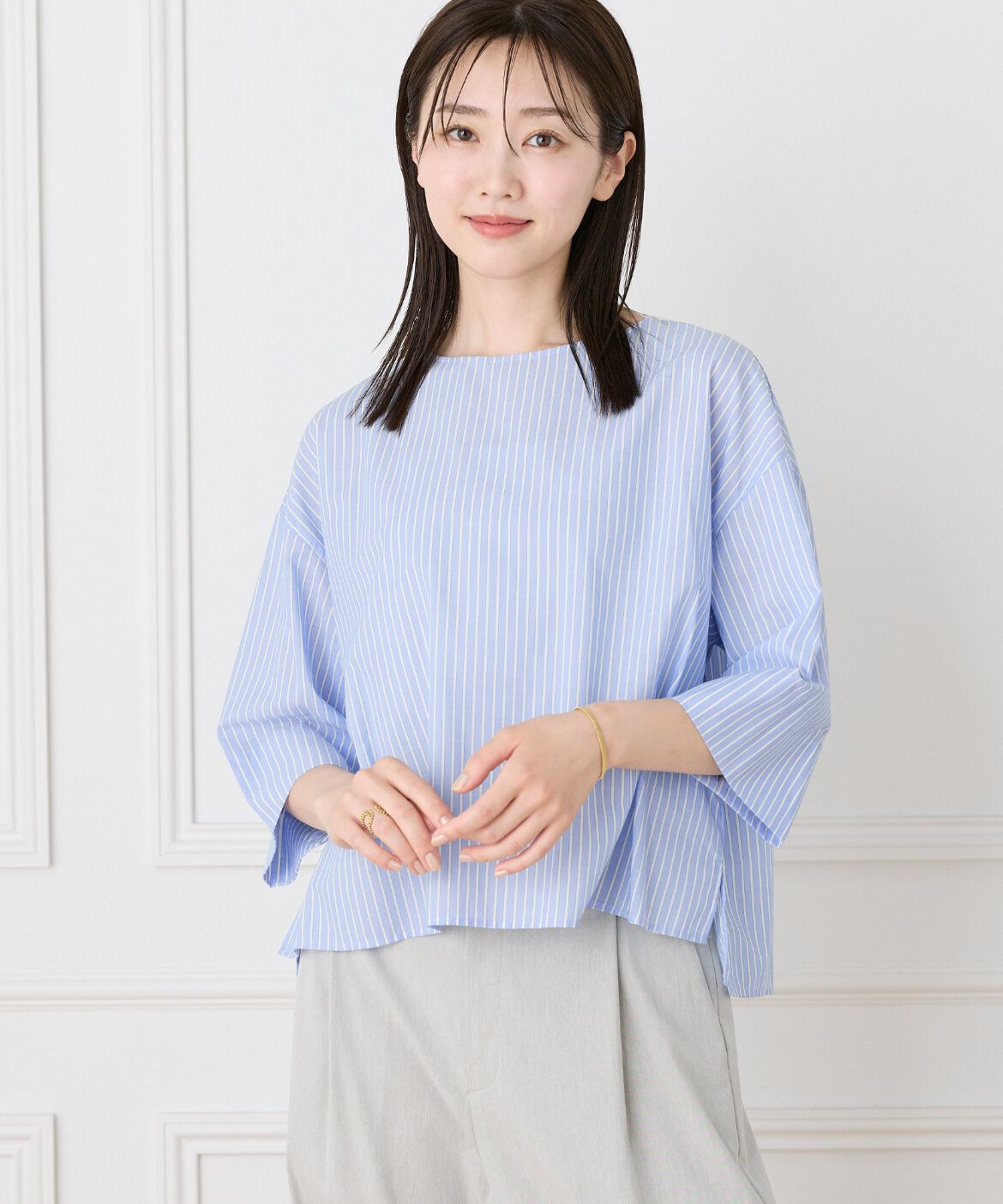 7-IDconcept.「《大きいサイズ》クロップト丈ブラウス」|シャツ・ブラウス|サックス3