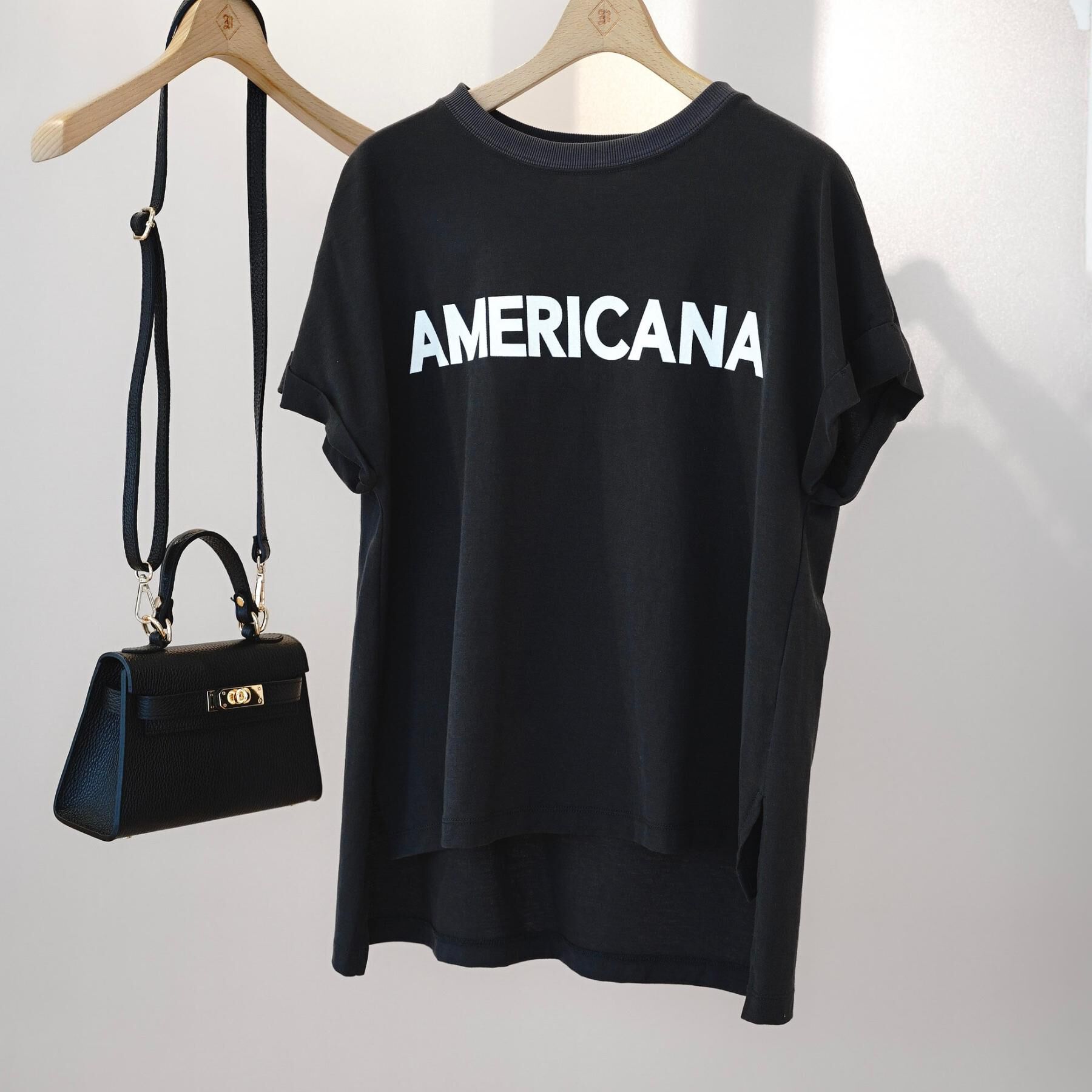 DRESSTERIOR「Americana（アメリカーナ）【別注】 接触冷感 袖ロールアップ ロゴTシャツ」|Tシャツ・カットソー|ブラック(019)