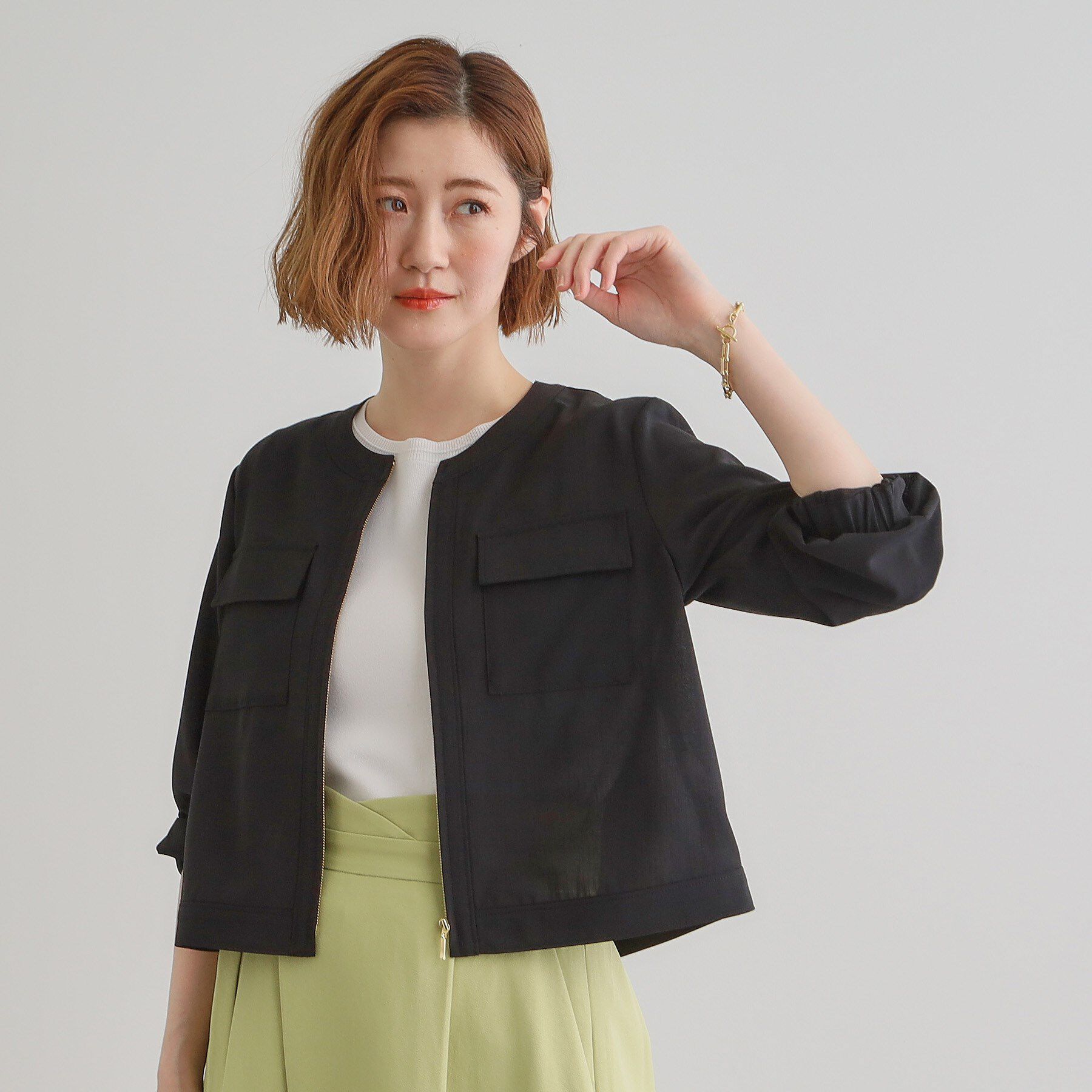 grove「麻調ノーカラーシアーブルゾン」|ブルゾン・スタジャン|ブラック(019)
