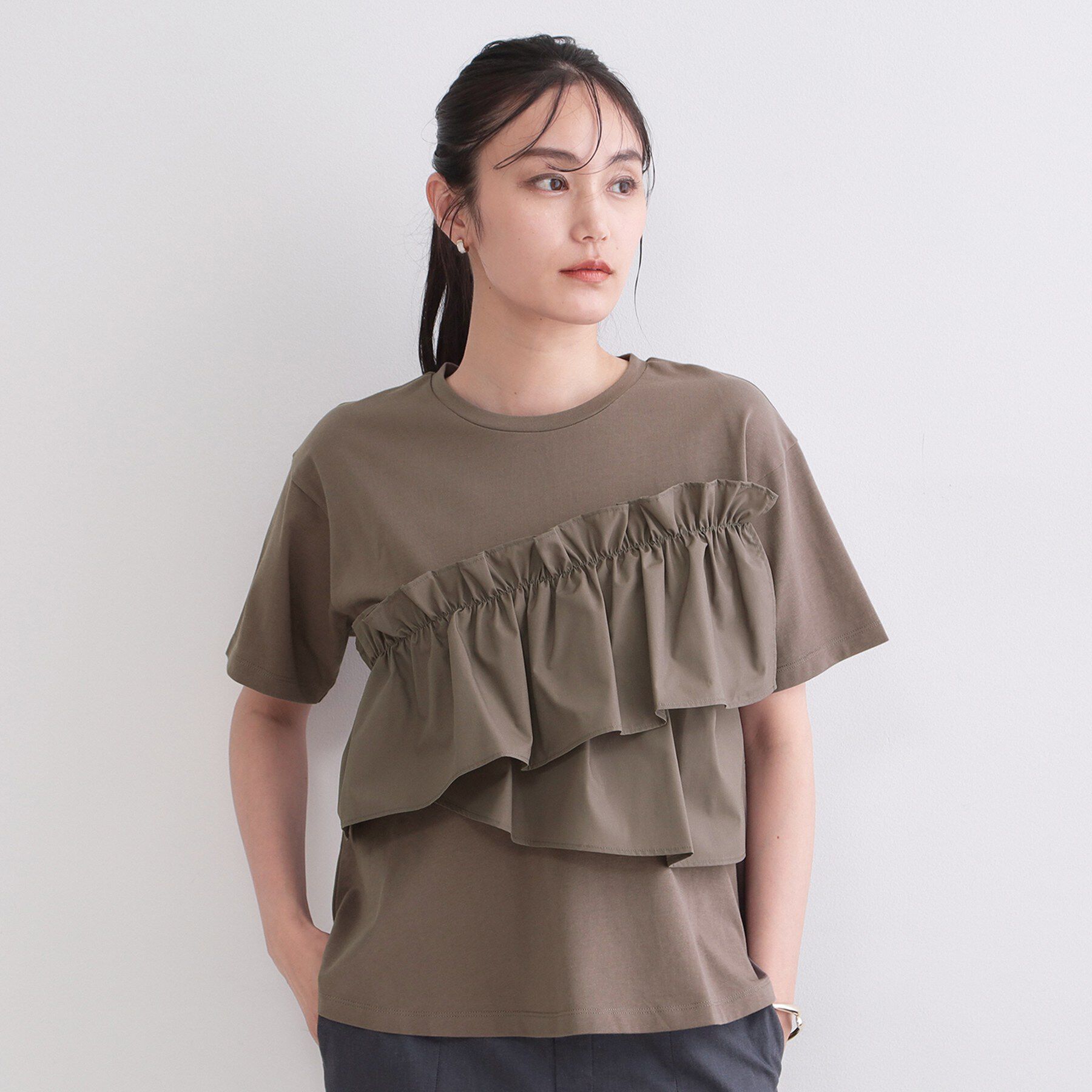 OPAQUE.CLIP「アシメフリルドッキングカットソー【洗濯機OK】」|Tシャツ・カットソー|