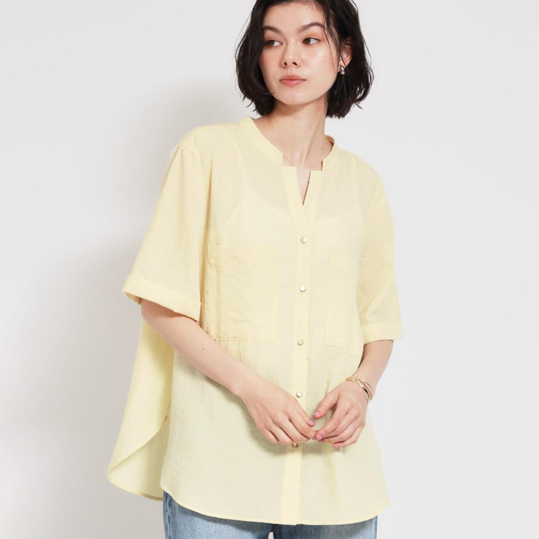 THE SHOP TK「【M-XL/二の腕カバー】ダブルポケット金ボタン 5分袖シャツ」|シャツ・ブラウス|