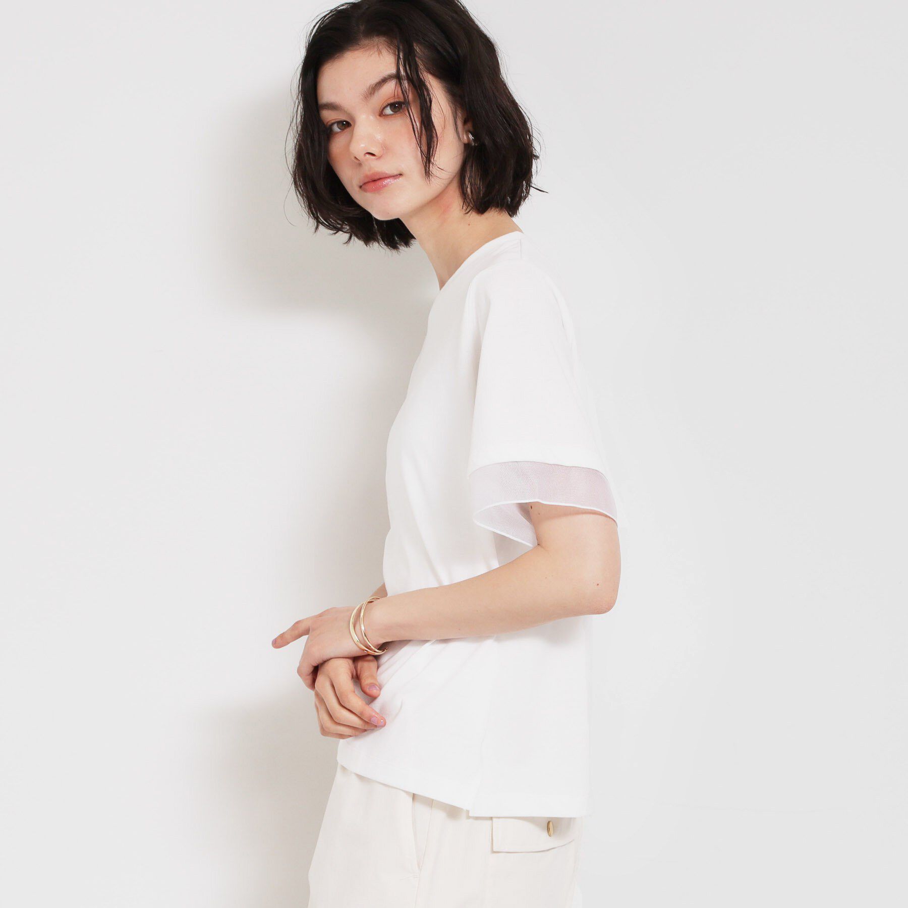 THE SHOP TK「【M-XL/ひんやり／吸水速乾／UV】上品な透け感 袖口シアーTシャツ」|Tシャツ・カットソー|