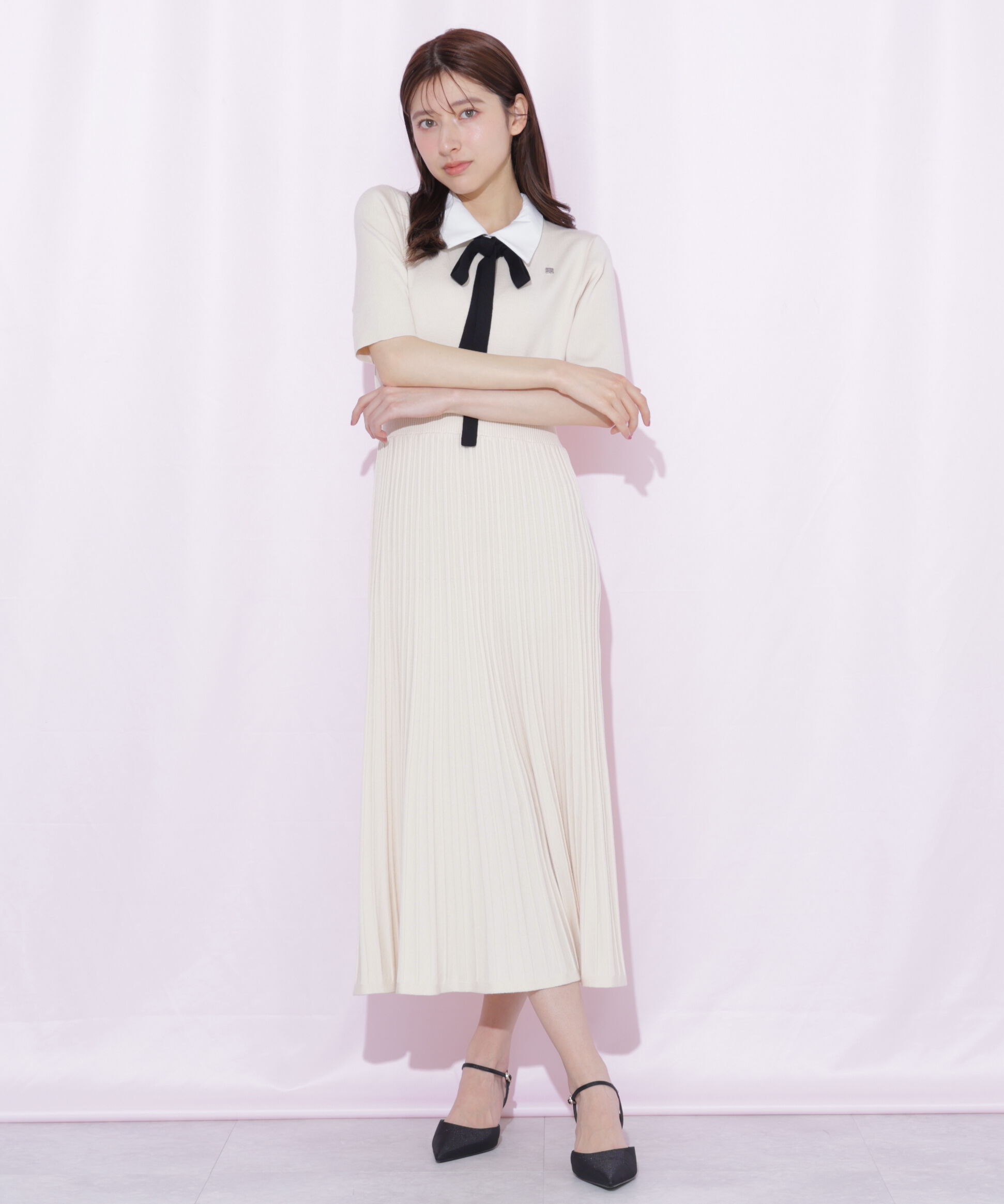  「襟付きプリーツニットワンピース」|ワンピース|