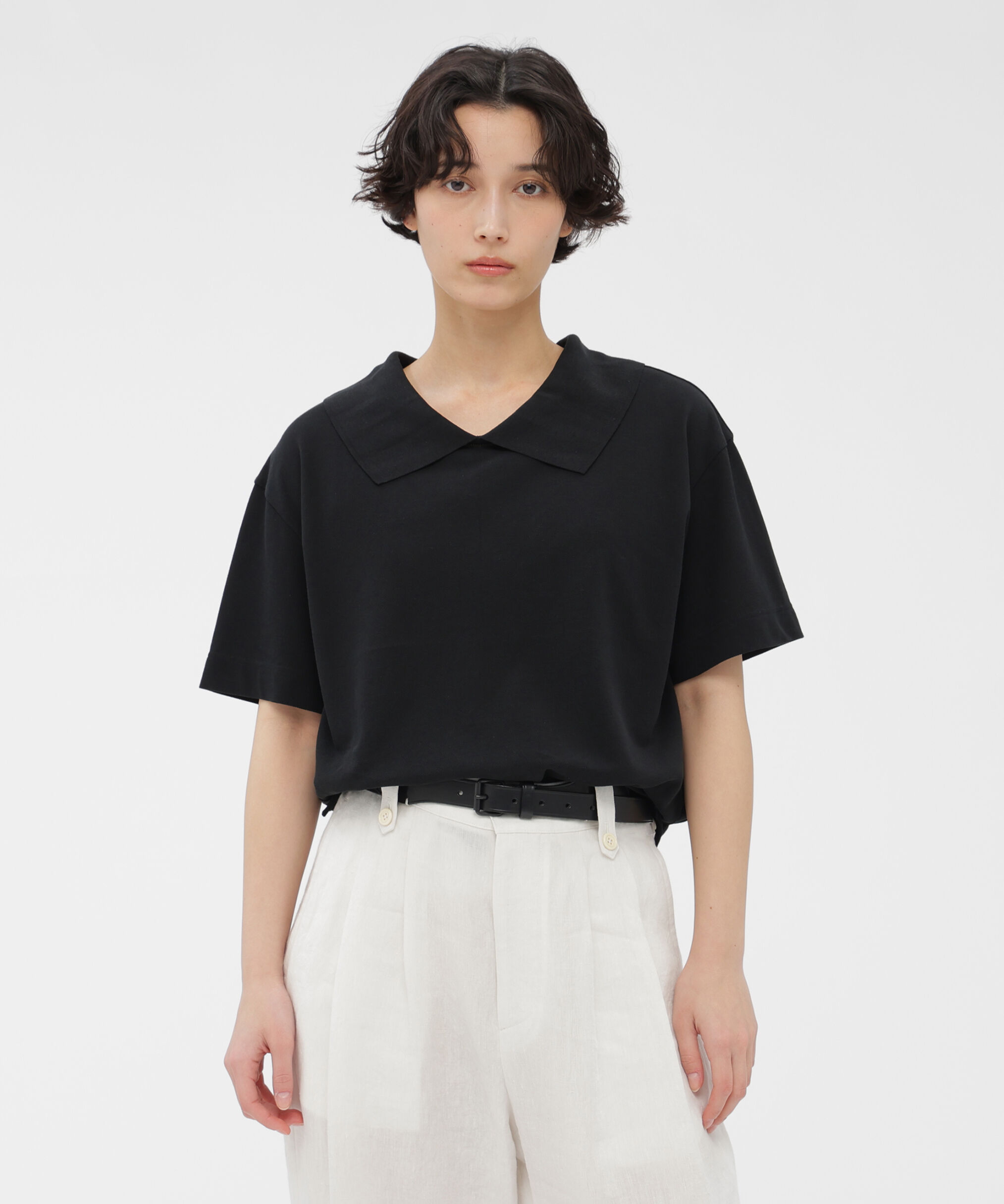  「COTTON LINEN PIQUE JERSEY TOP」|Tシャツ・カットソー|BLACK