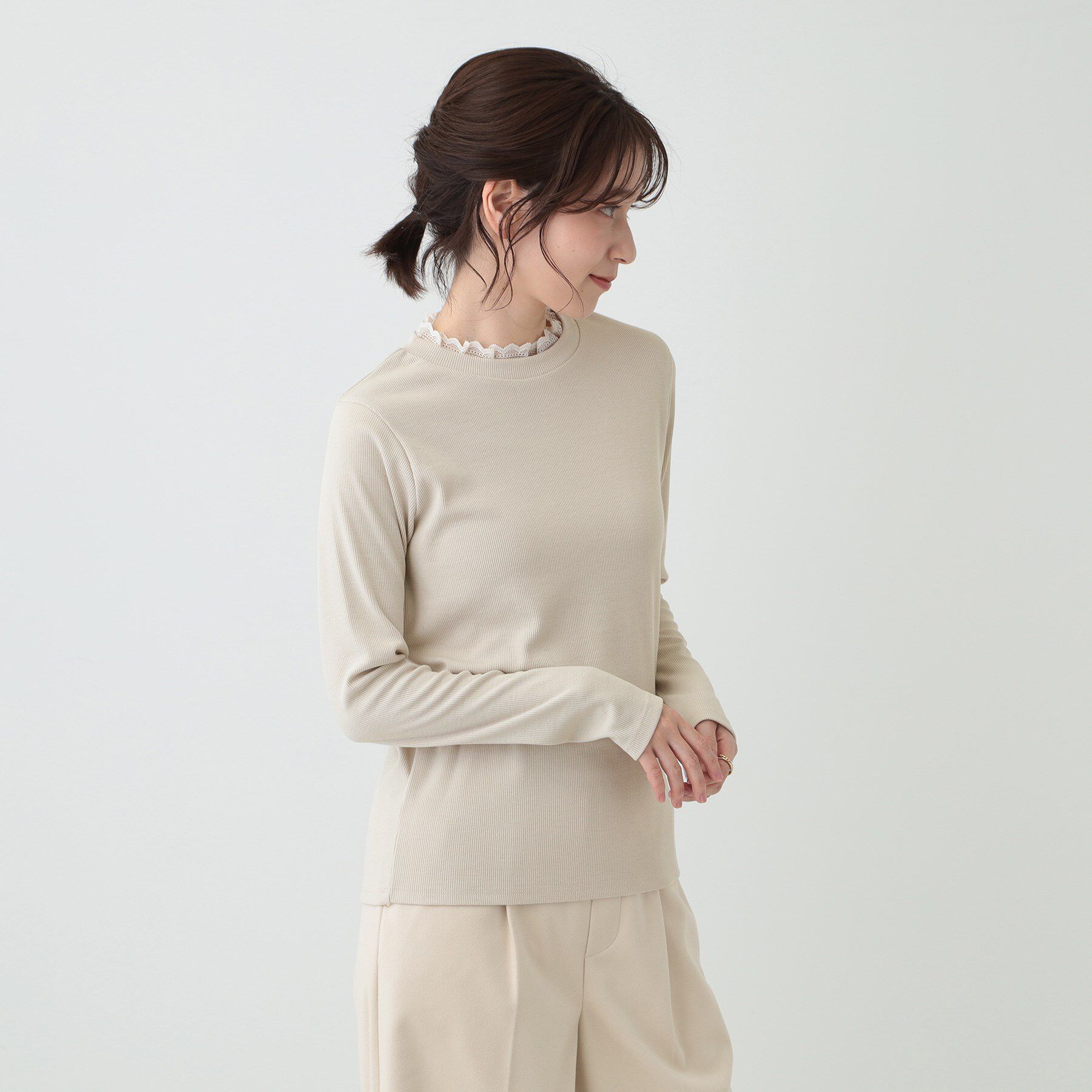 SHOO･LA･RUE「【S-LL】衿レースハイネックリブトップス」|Tシャツ・カットソー|