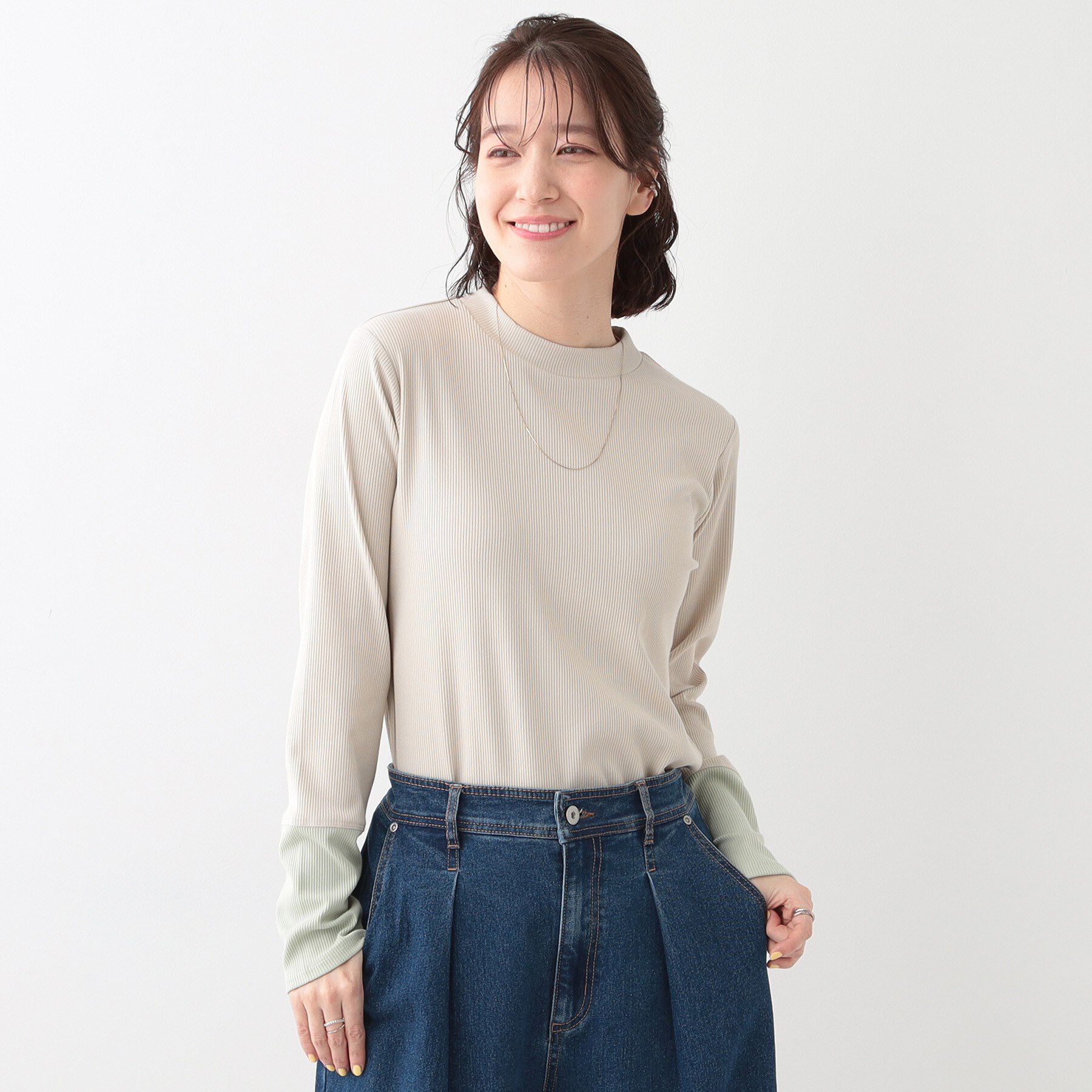 SHOO･LA･RUE「【S-LL】テレコ袖配色切り替えトップス」|Tシャツ・カットソー|
