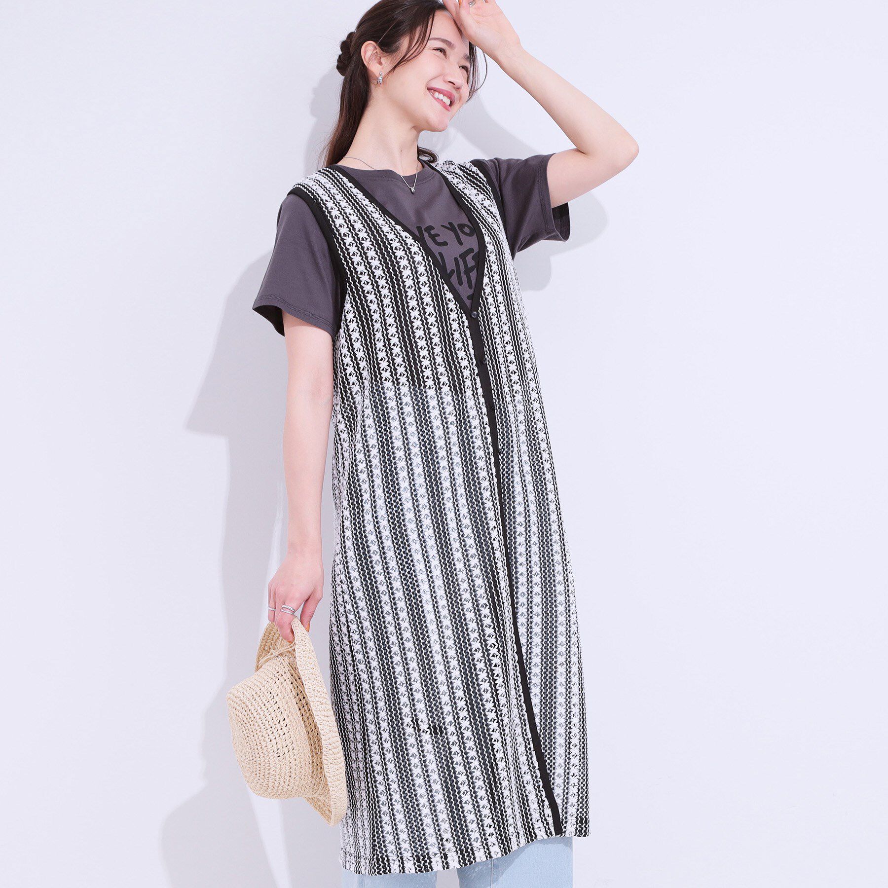 SHOO･LA･RUE「【S-LL】羽織るだけでサマ見え バイカラーレースジレ」|ベスト・ジレ|ブラック(319)