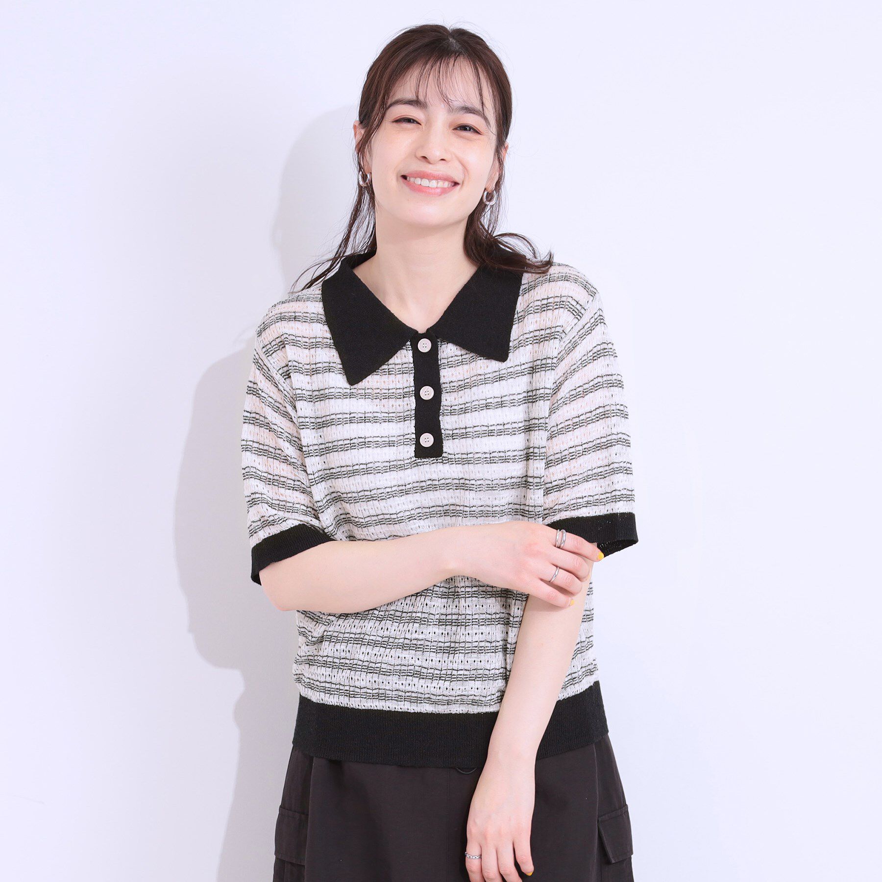 SHOO･LA･RUE「【S-LL】大人カジュアルコーデに 透かし編みボーダー ポロニット」|ニット・セーター|