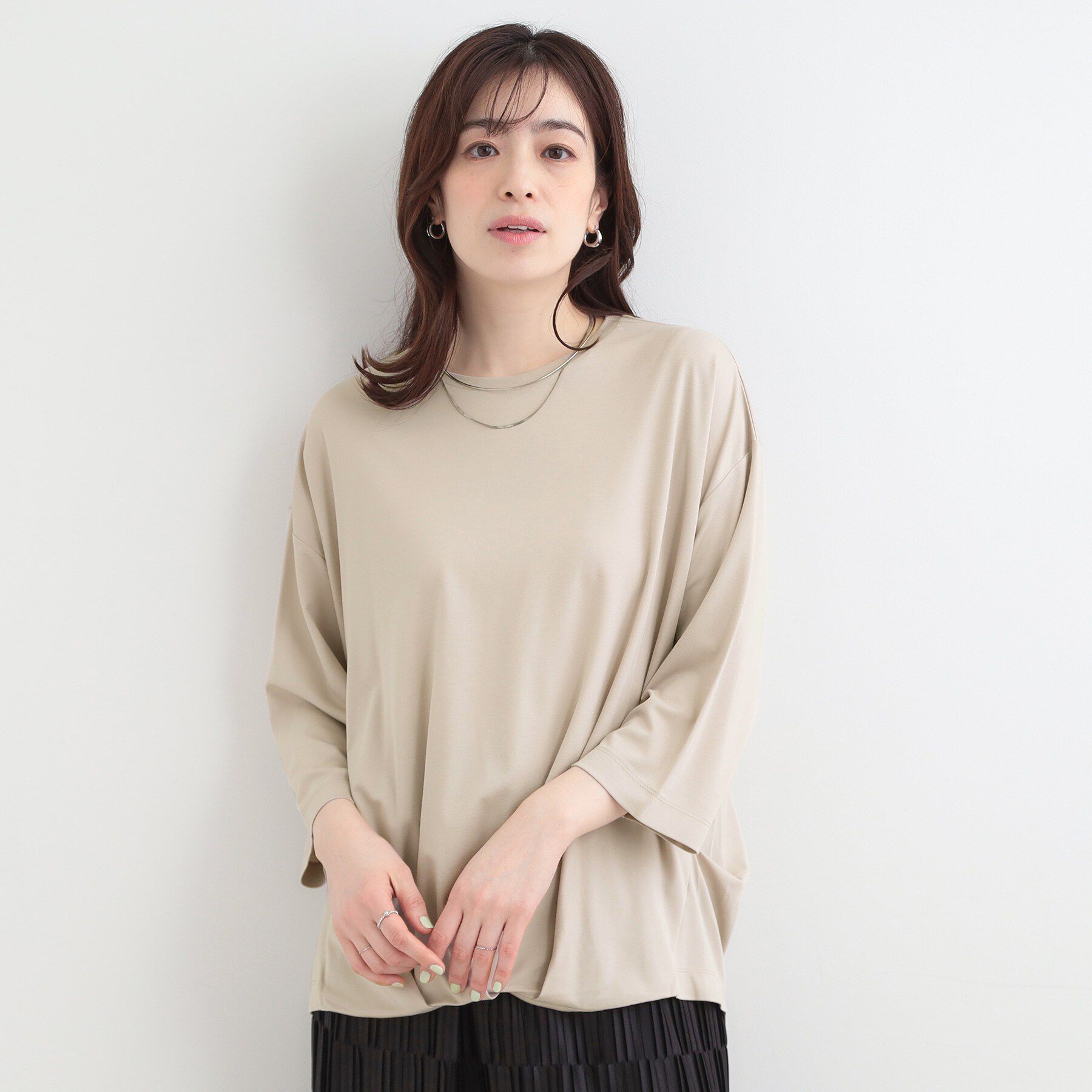 SHOO･LA･RUE「【ひんやり/UV/体系カバー】とろみフロントタック7分袖ゆるトップス」|Tシャツ・カットソー|