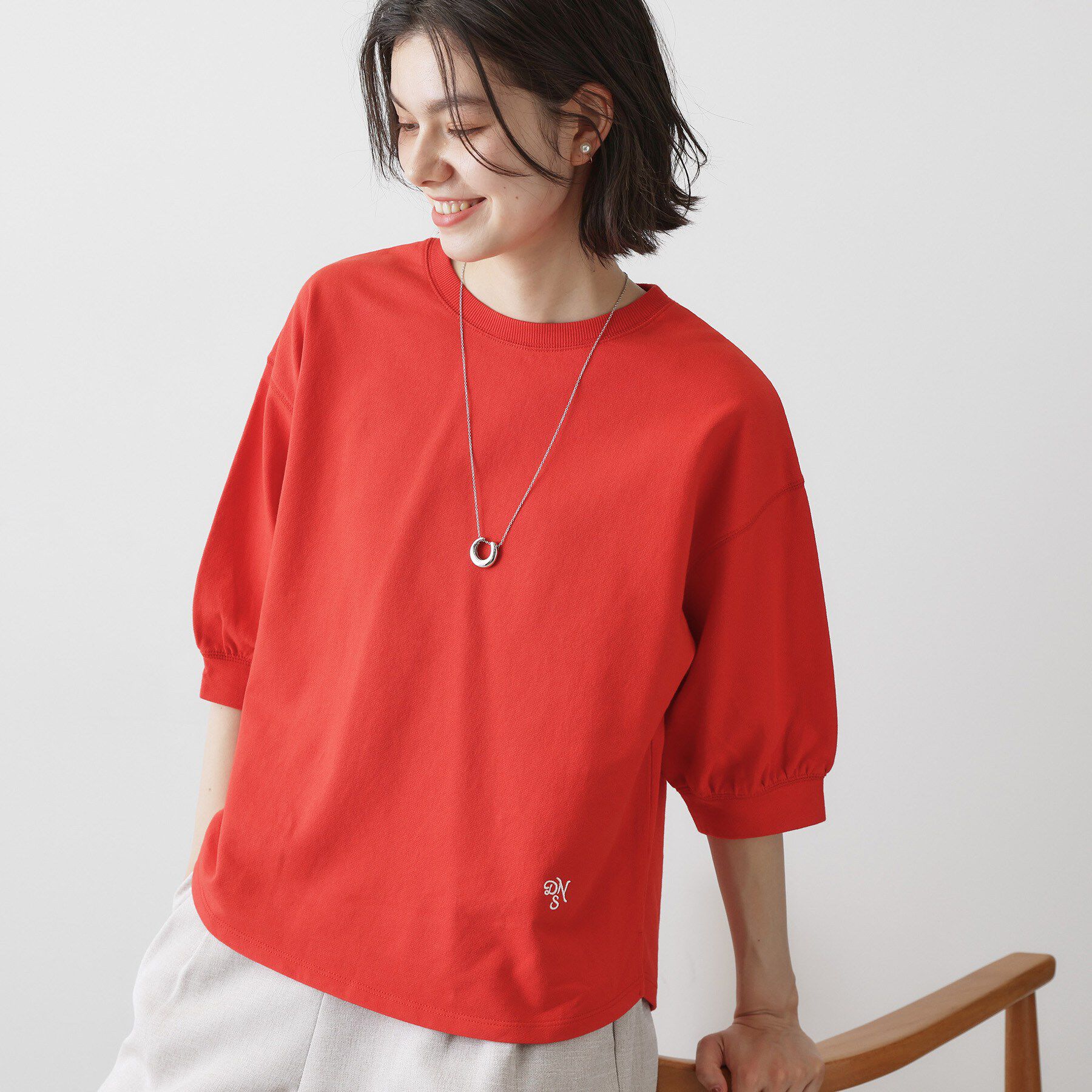 Dessin「【新色追加／360度可愛い】バックヘンリーカットソー5分袖」|Tシャツ・カットソー|