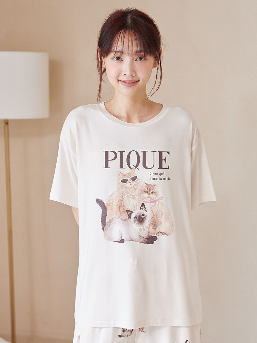 gelato pique「【ONLINE限定】【接触冷感】ファッションCATS&DOGS ワンポイントTシャツ&ロングパンツセット」|ルームウェア|