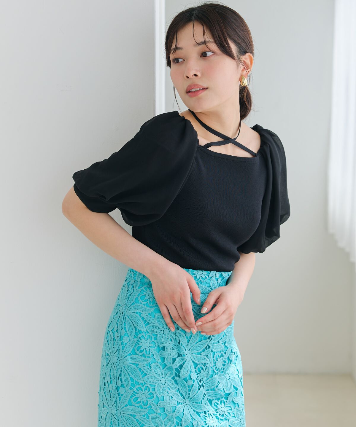 アンドクチュール「シアースリーブクロスネックプルオーバー」|Tシャツ・カットソー|