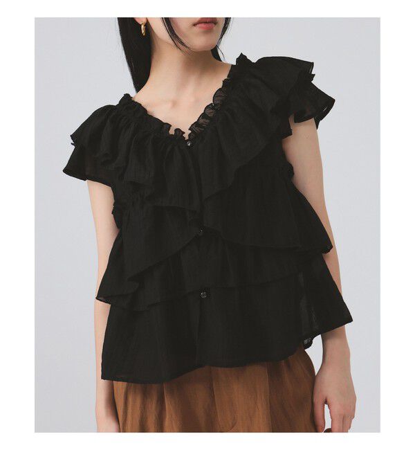 Ray BEAMS 「ラッフル ティアード Vネック フレンチスリーブ」|シャツ・ブラウス|BLACK