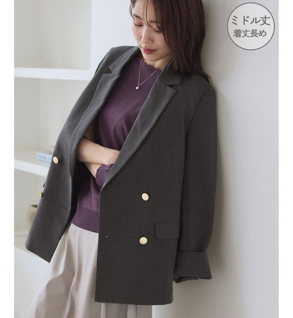 Rope&rsquo;Picnic「【WEB限定・ミドル丈】レディハンサムシリーズ ウールライク金ボタンジャケット(半裏地)/通勤対応」|テーラードジャケット|ブラック系(02)