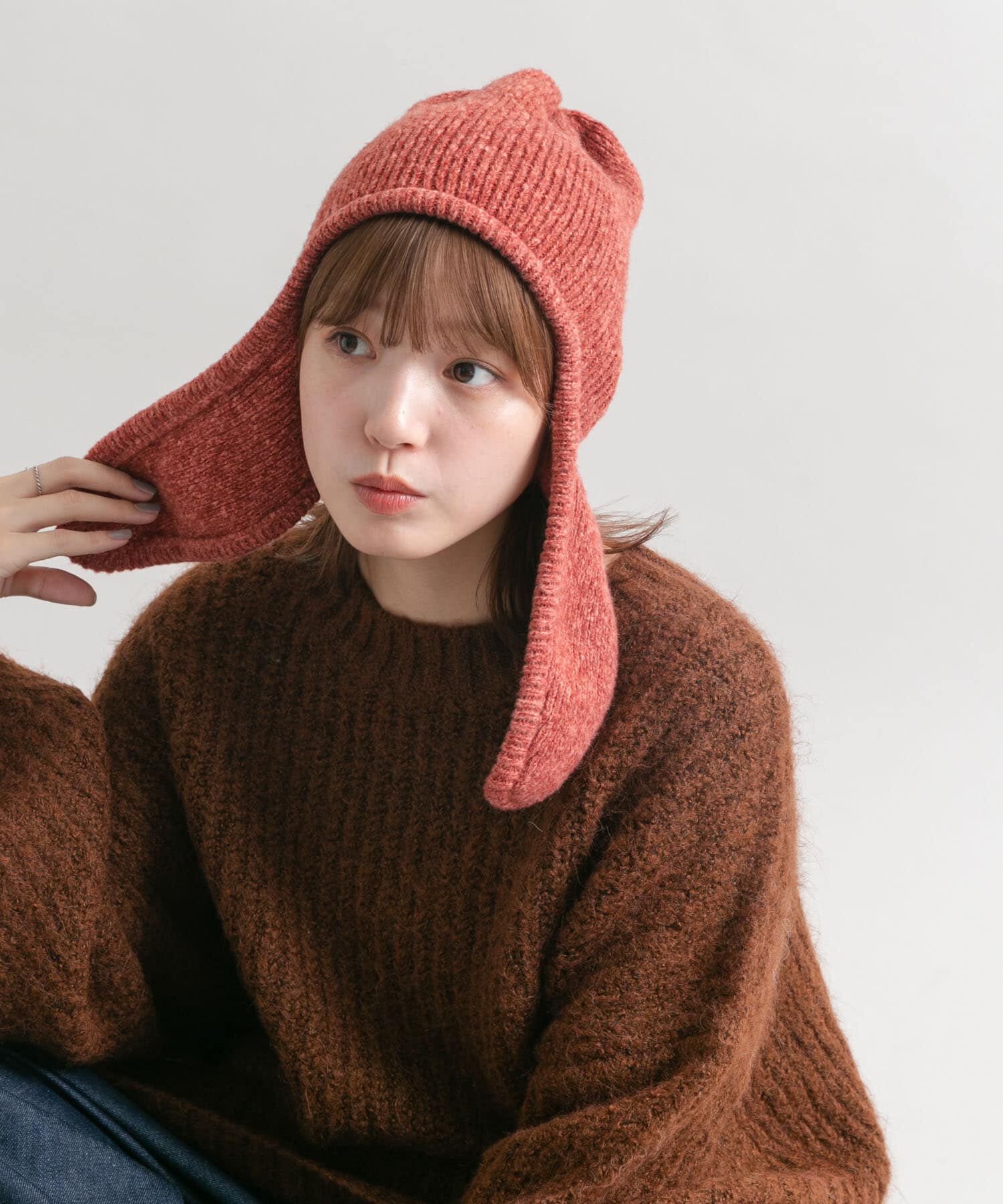  「ロングイヤーフラップニットキャップ」|ニット帽|レッド