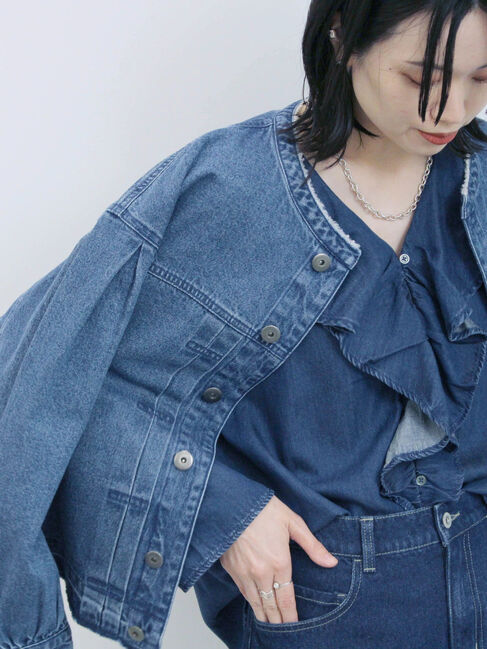 Samansa Mos2 blue「【ECO DENIM 】フリルブラウス」|シャツ・ブラウス|