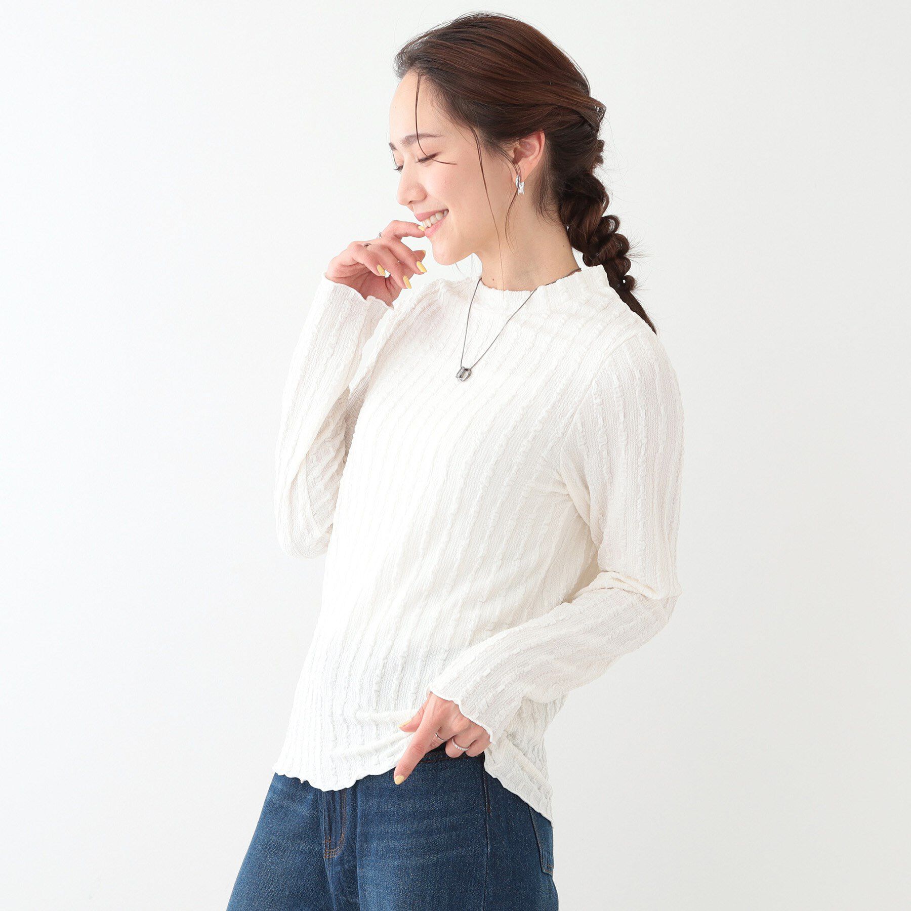 SHOO･LA･RUE「【S-LL】一枚でもインナーでも ふくれジャカード プチハイネックトップス」|Tシャツ・カットソー|