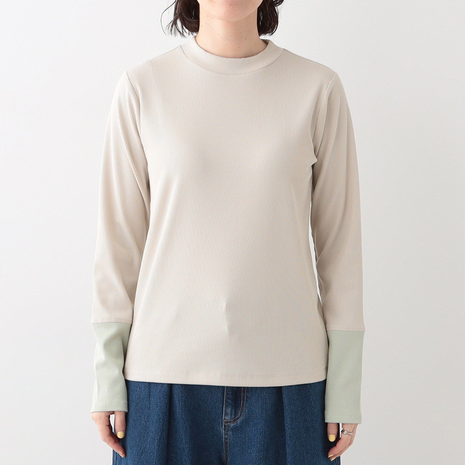 SHOO･LA･RUE「【S-LL】テレコ袖配色切り替えトップス」|Tシャツ・カットソー|