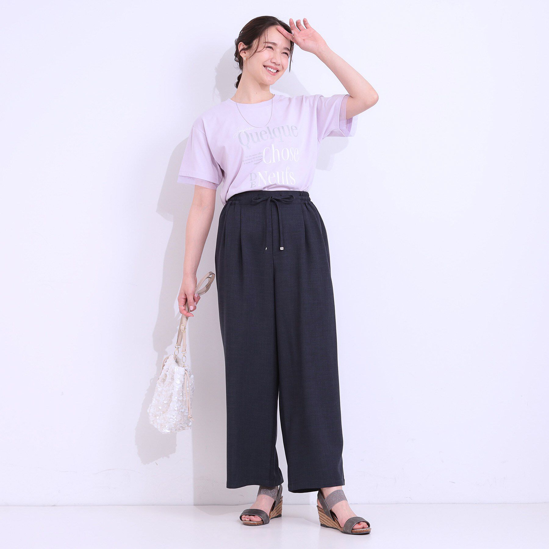 SHOO･LA･RUE「【ひんやり/UVカット】選べる3柄 お袖チュールで差をつける ロゴプリントTシャツ」|Tシャツ・カットソー|
