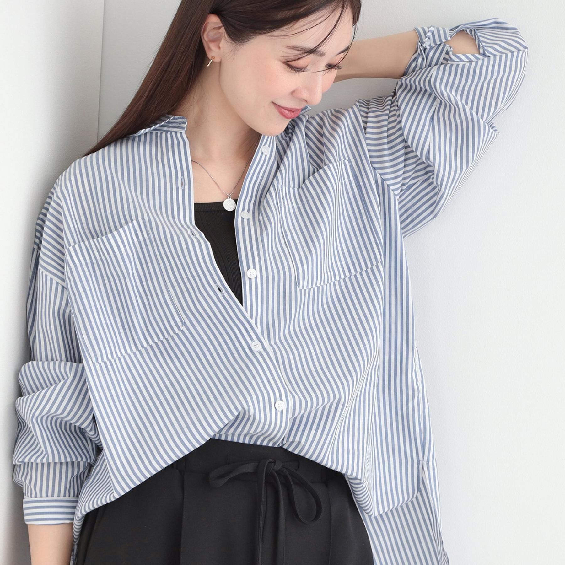 SHOO･LA･RUE「【体型カバー】バックギャザーで魅せる オーバーサイズシャツ」|シャツ・ブラウス|ネイビー(394)