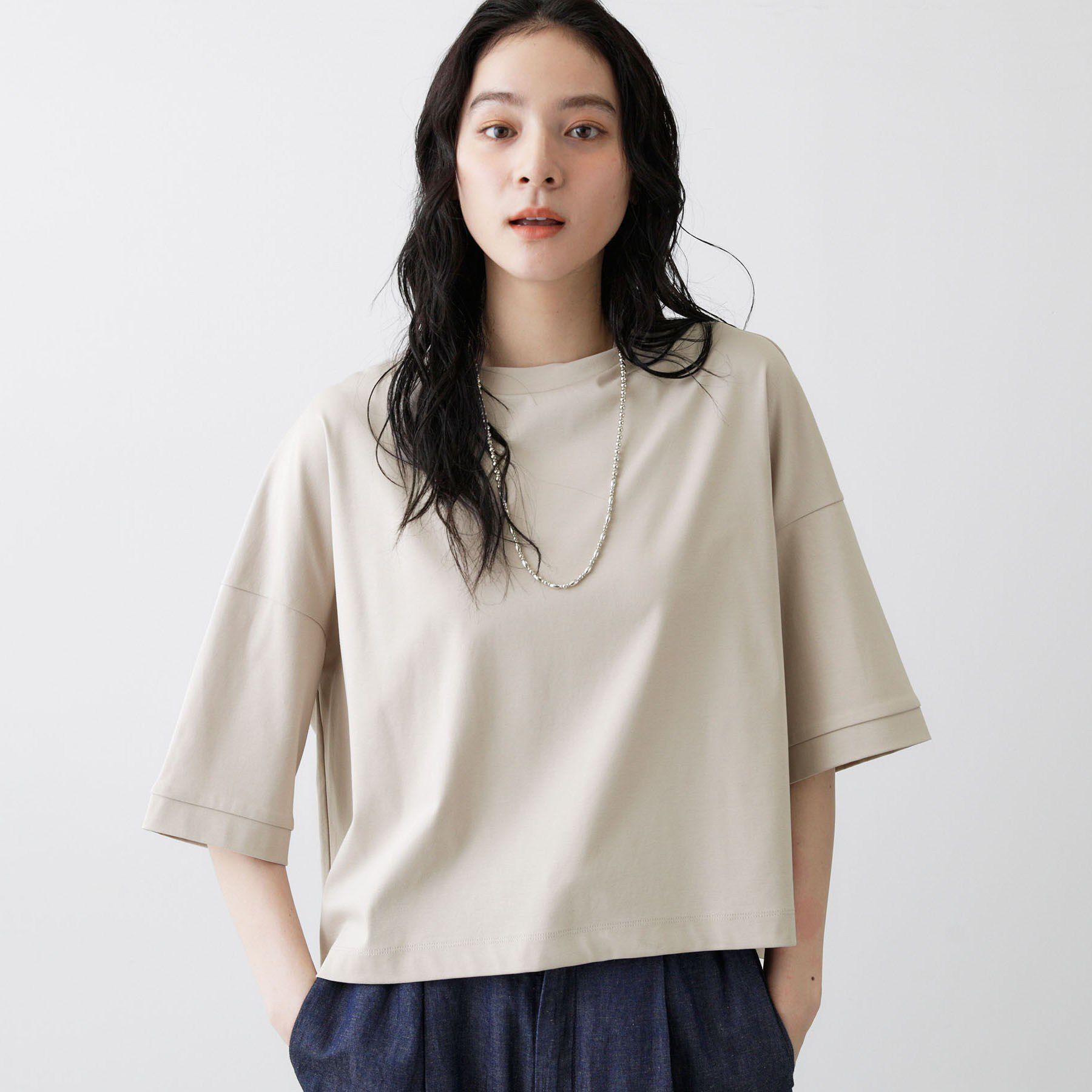 Dessin「【体型カバー/五分袖】美光沢カットソーボクシーシルエット」|Tシャツ・カットソー|