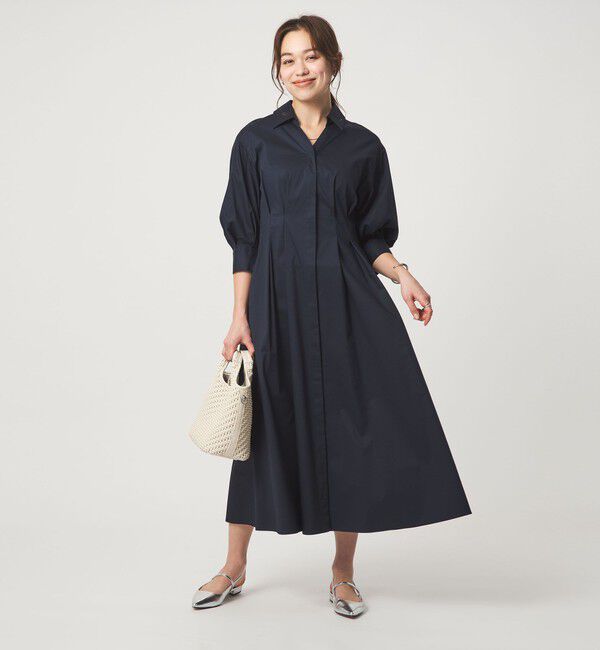 UNITED ARROWS green label relaxing「シャツ襟 フィット＆フレア タック 5分袖 ワンピース」|ワンピース|NAVY