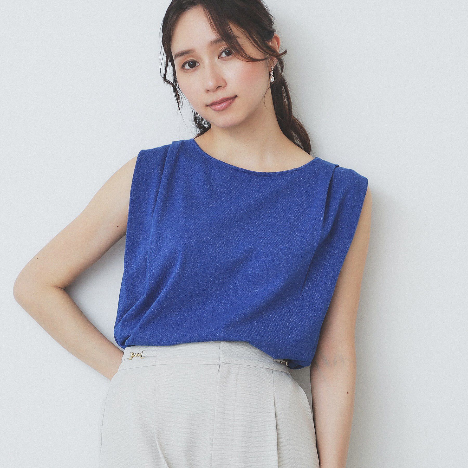 index「タックノースリーブニット【洗濯機洗い可／UVケア／抗ピル】」|Tシャツ・カットソー|ブルー(093)