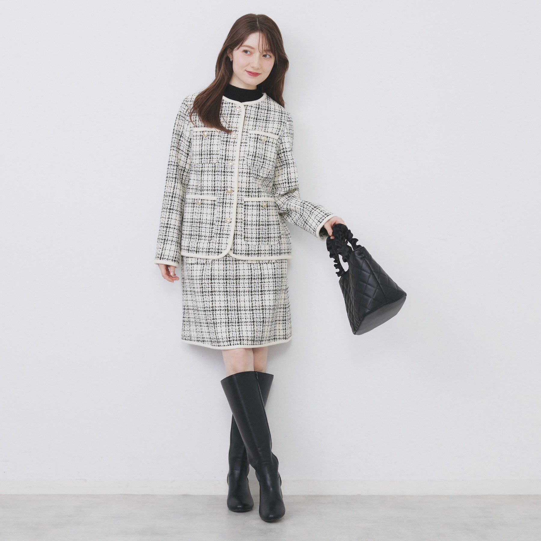 index「チェックツイードジャケットコート／セットアップ対応【洗える】」|ノーカラージャケット|