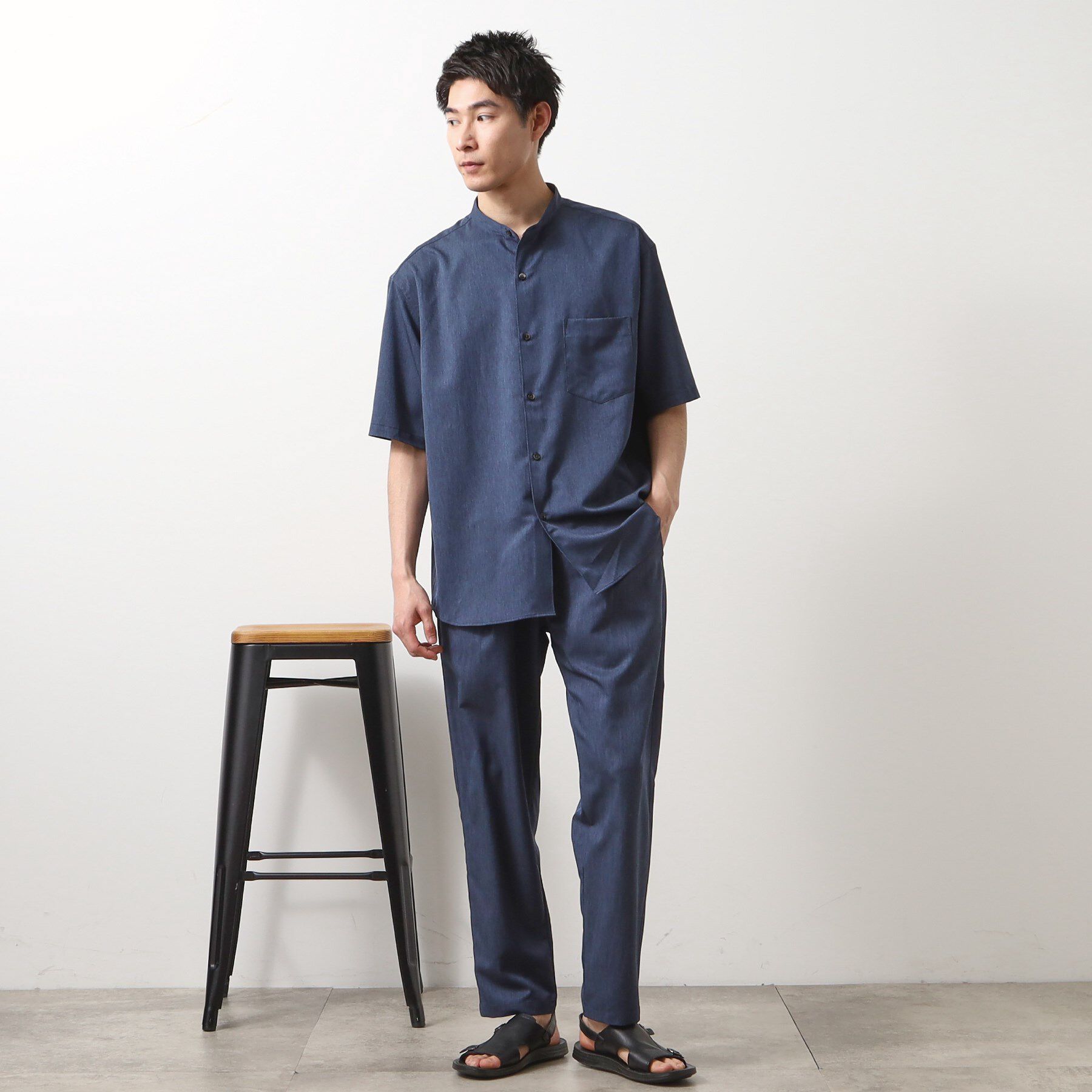 THE SHOP TK「クールファイバー バンドカラー半袖シャツ　接触冷感／吸水速乾／UVケア／軽量／セットアップ可」|シャツ・ブラウス|