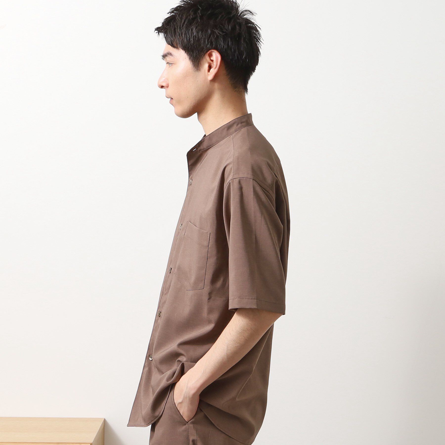 THE SHOP TK「クールファイバー バンドカラー半袖シャツ　接触冷感／吸水速乾／UVケア／軽量／セットアップ可」|シャツ・ブラウス|