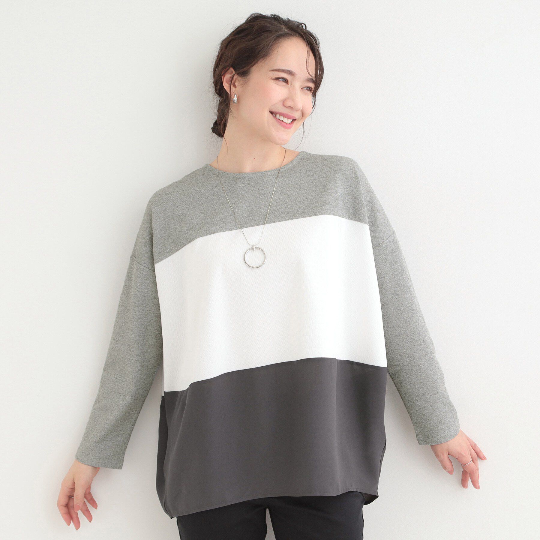 SHOO･LA･RUE「【洗濯機可/S-LL/体型カバー】インせず着られる 3段切替 配色トップス」|Tシャツ・カットソー|