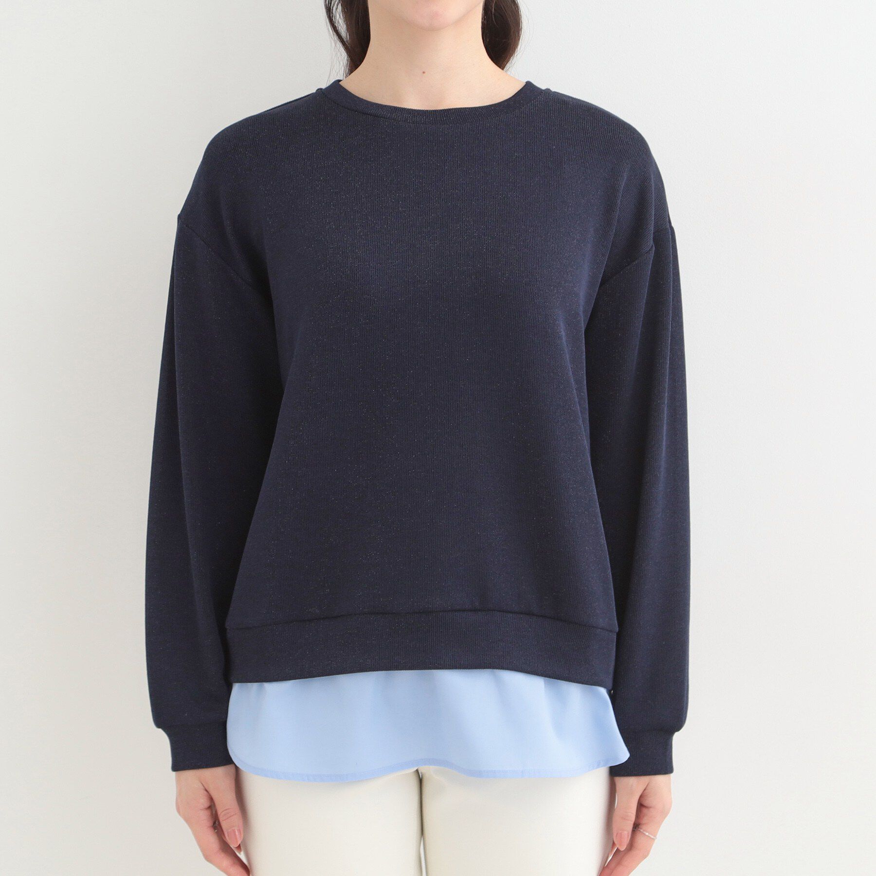 SHOO･LA･RUE「【洗濯機可】1枚でサマ見え ラメニットソー レイヤード風トップス」|Tシャツ・カットソー|