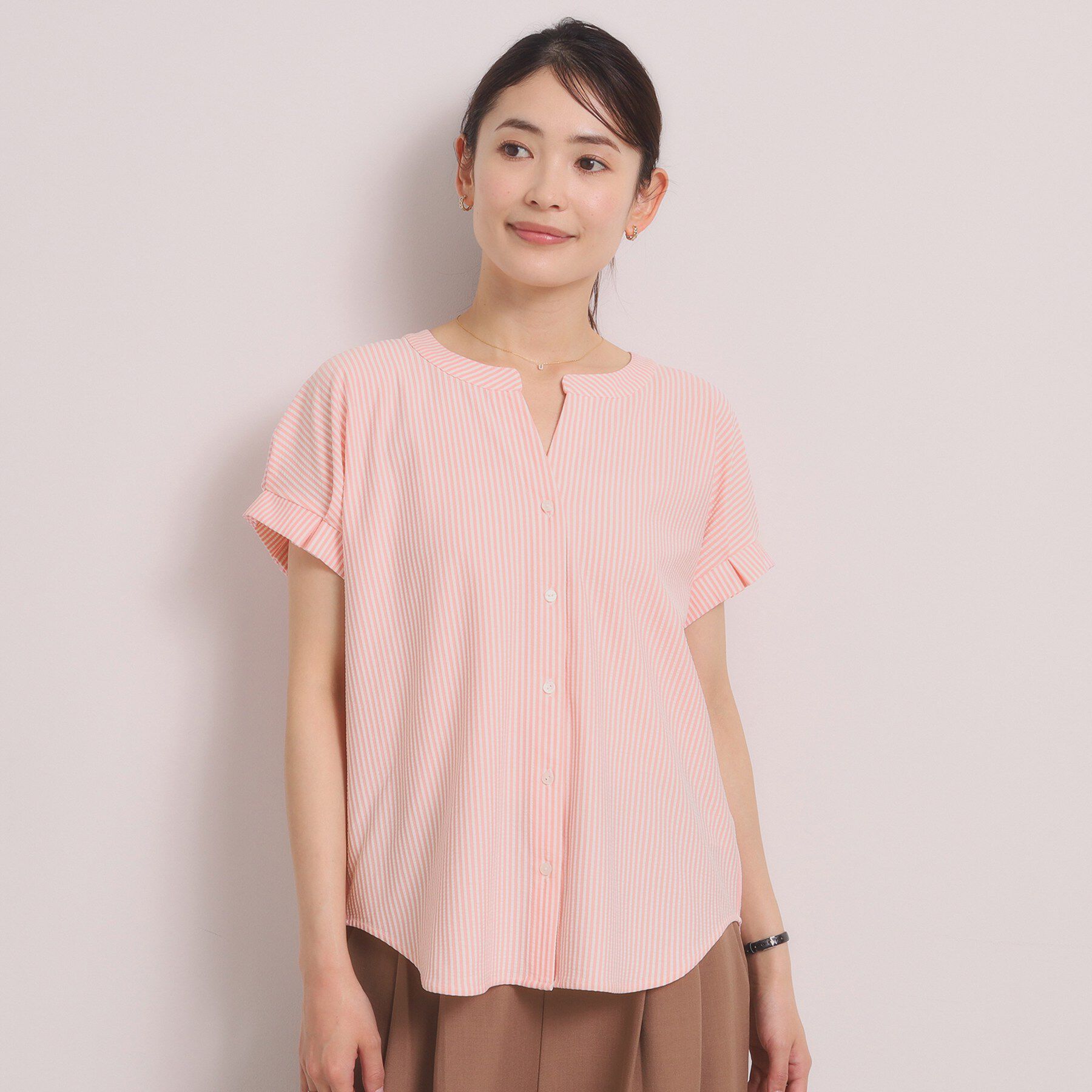 ITS&rsquo;DEMO「【洗濯機OK】カットサッカー前開きトップス」|Tシャツ・カットソー|オレンジ(365)