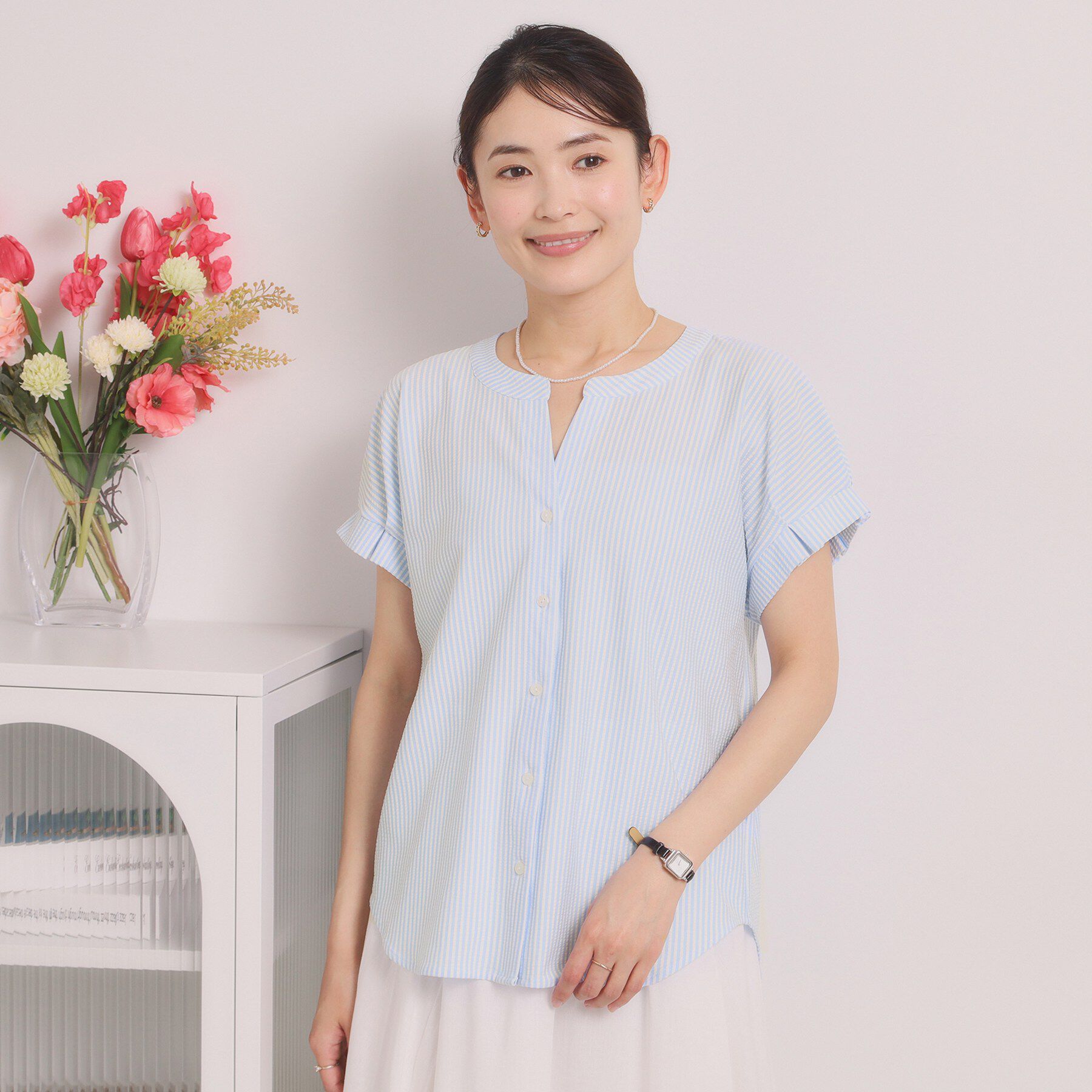 ITS&rsquo;DEMO「【洗濯機OK】カットサッカー前開きトップス」|Tシャツ・カットソー|サックスブルー(39