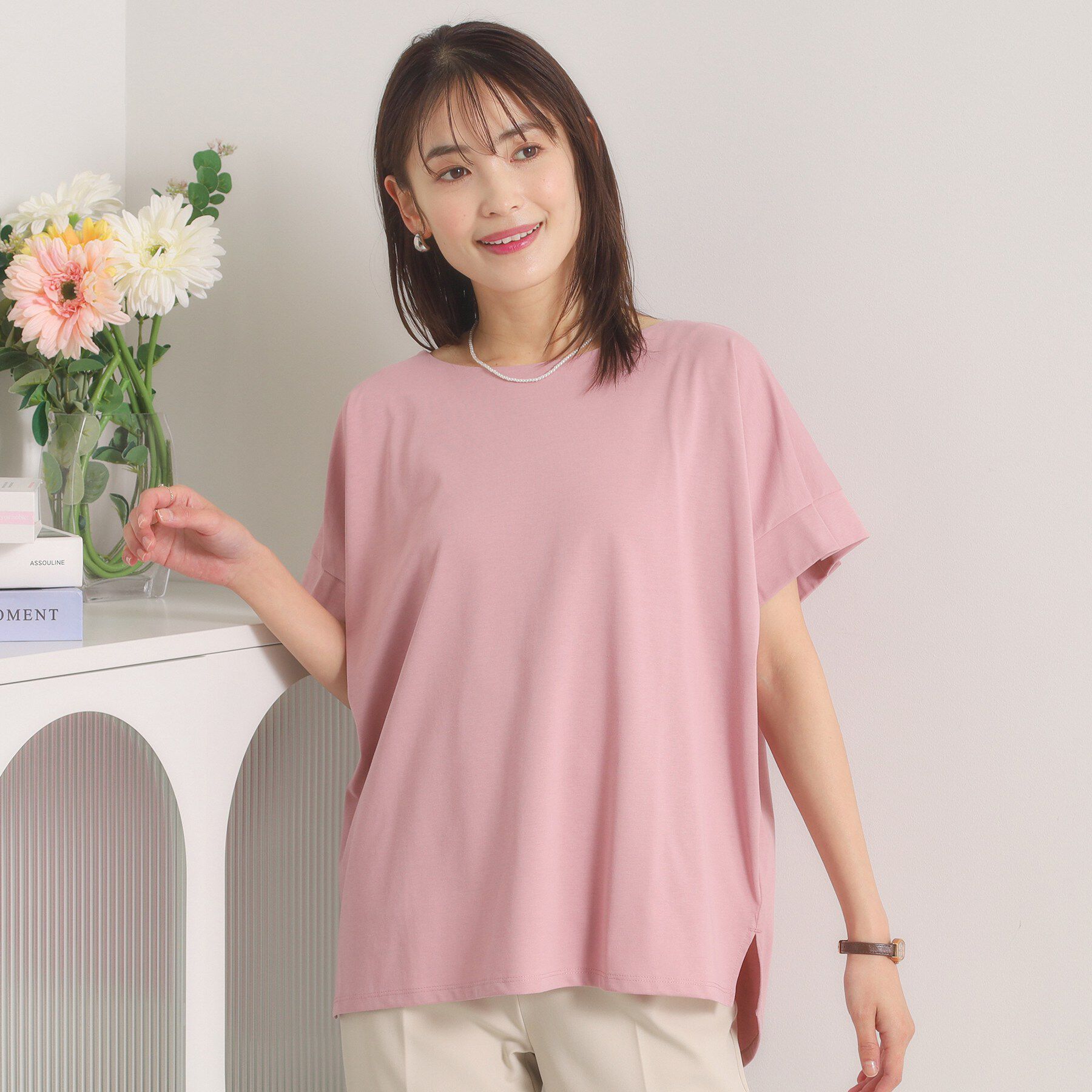 ITS&rsquo;DEMO「【汗染み防止／接触冷感／UVケア／毛玉防止】袖口タックトップス」|Tシャツ・カットソー|ライトピンク(070