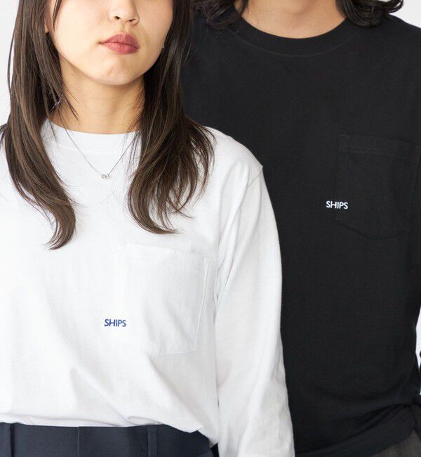 SHIPS「【WEB限定】SHIPS: マイクロ SHIPSロゴ ポケット ロングスリーブ Tシャツ (ロンT)」|Tシャツ・カットソー|ライトホワイト