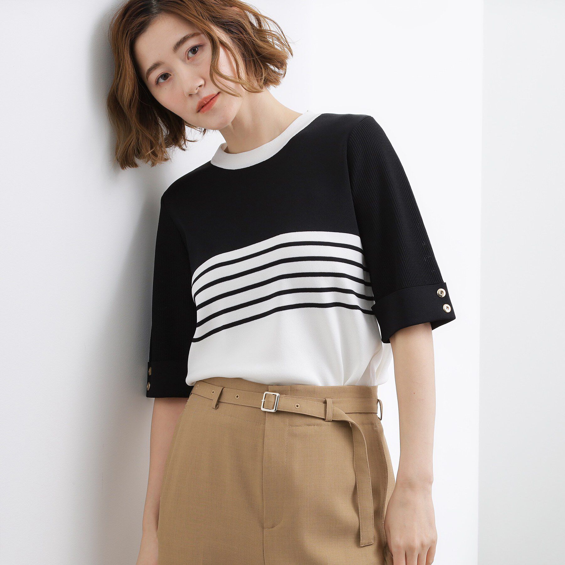 grove「【シリーズ累計36万枚/名品ニット】やわらかドライタッチ 袖メッシュ編みニット」|ニット・セーター|