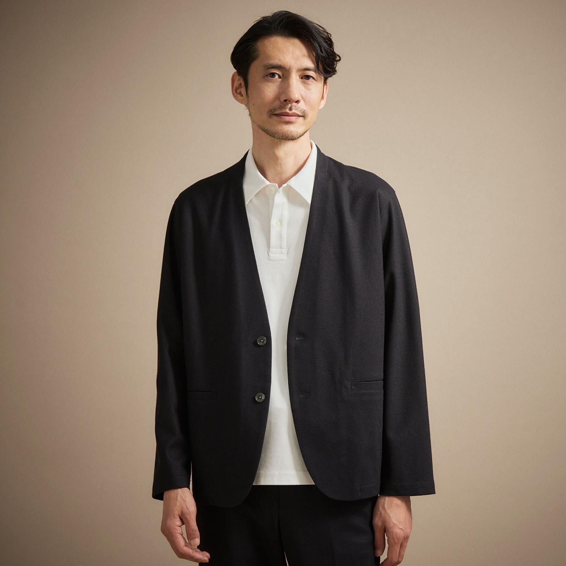 TAKEO KIKUCHI「【抗菌防臭】バーズアイメッシュノーカラージャケット」|カーディガン|ネイビー(094)