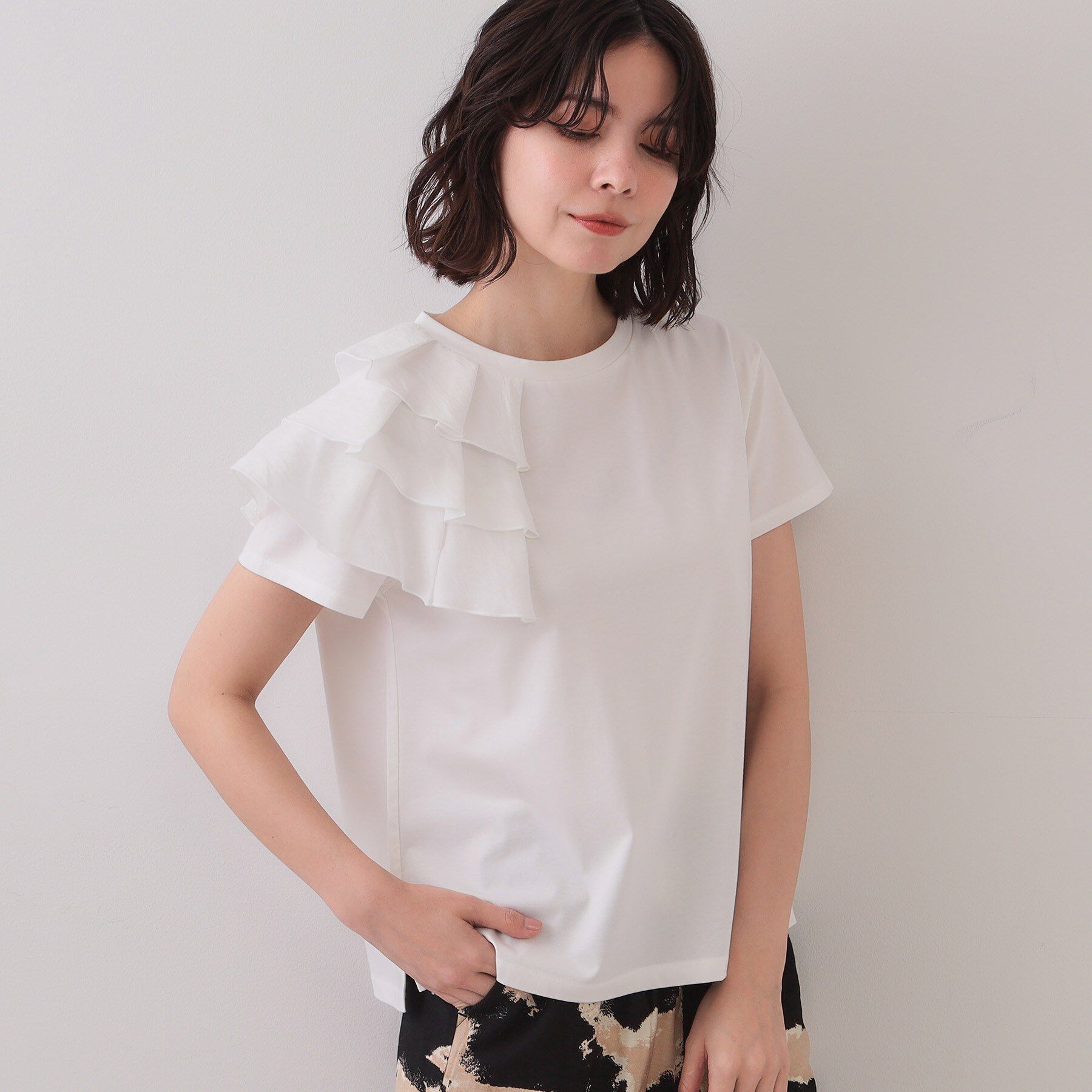 OPAQUE.CLIP「ショルダーフリルドッキングカットソー【UV／接触冷感／洗濯機洗い可】」|Tシャツ・カットソー|