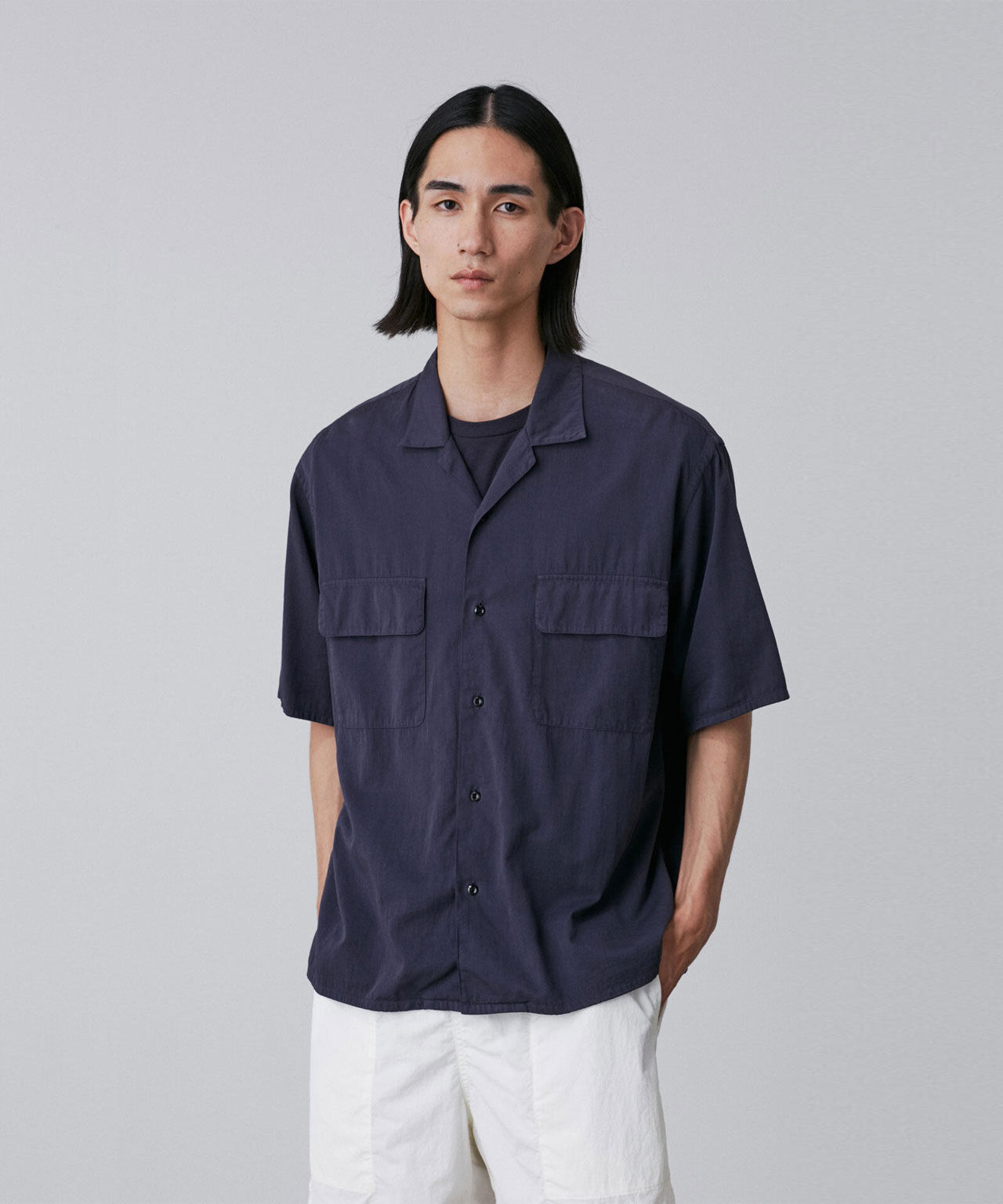 YLEVE 「Ｙ / ORGANIC COTTON WASHER SATIN OPEN COLLAR SHIRT」|シャツ・ブラウス|ネイビー
