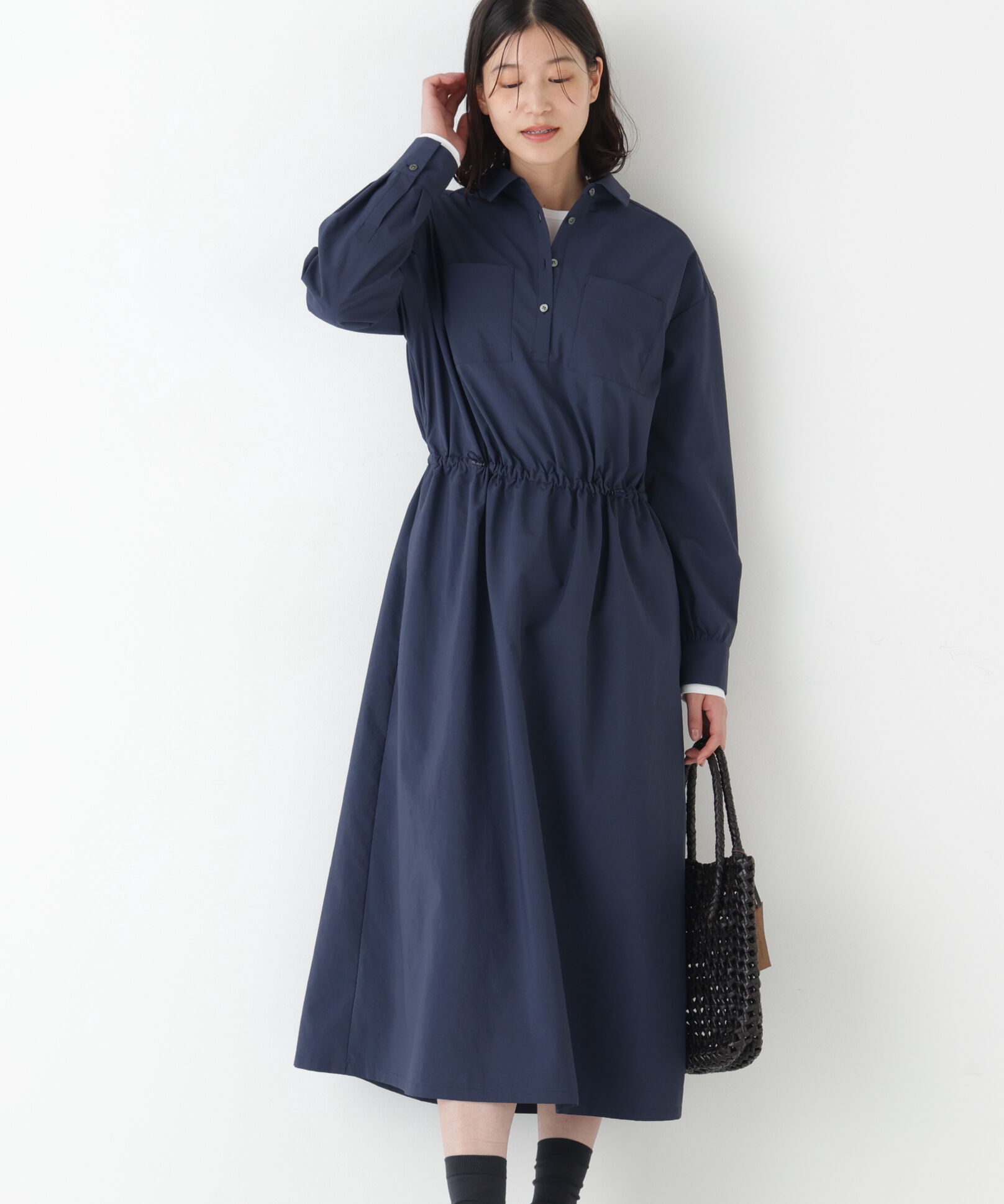  「◆《ウォッシャブル》ドロストシャツワンピース」|ワンピース|ネイビー